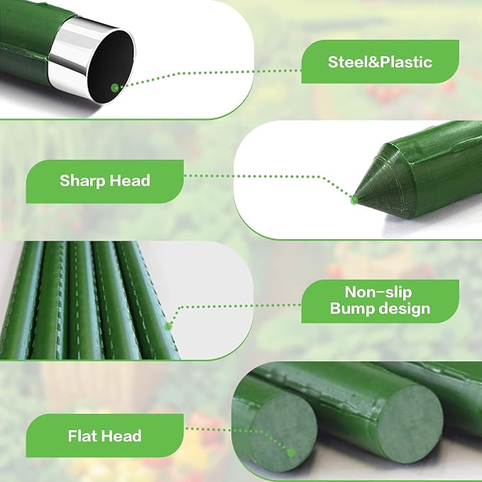 Garden Stakes 57 Inches Sturdy Green Plant Sticks 25 Pack, Metal Tomato Stakes Support, Yard Plant Support Cage for Potted Plants, Tomatoes, Trees, Cucumber, Fences, Beans (57 inch)