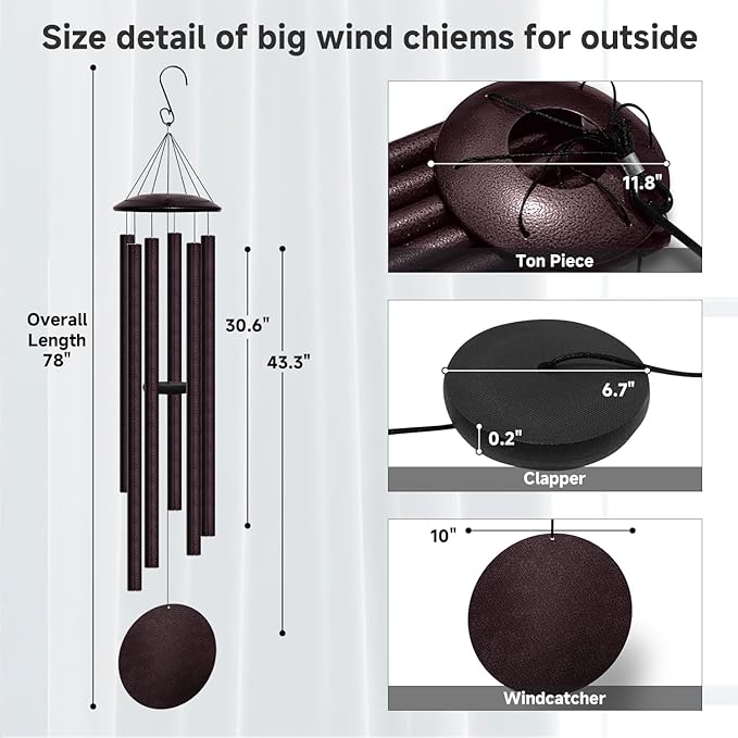 78" Extra Large Wind Chimes for Outside Deep Tone, 6 Thick and Bold Aluminum Tubes Tuned Relaxing Melody Wind Chime, Big Wind Chimes for Garden Patio Decor, Great Gift Idea for Mother's Day (Bronze)