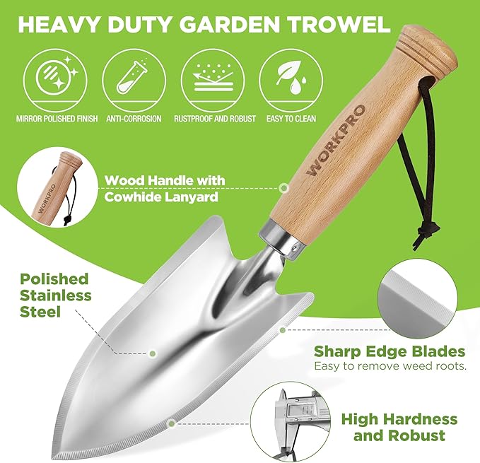 WORKPRO 11" Garden Hand Trowel, Heavy Duty Polished Stainless Steel Garden Shovel with Wooden Handle, Hand Gardening Tool for Digging, Planting, Transplanting