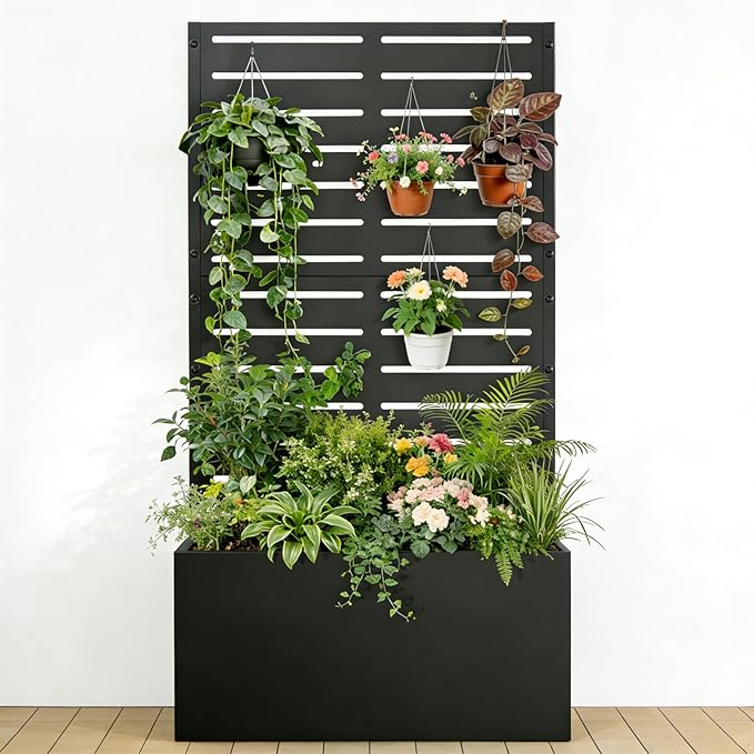 Baotree Metal Raised Garden Bed with Trellis and Wheels, 47"x24"x12" Planter Box for Climbing Plants, Vegetables & Vines, Features Drainage Holes and Privacy Screen (Black-Louvered)