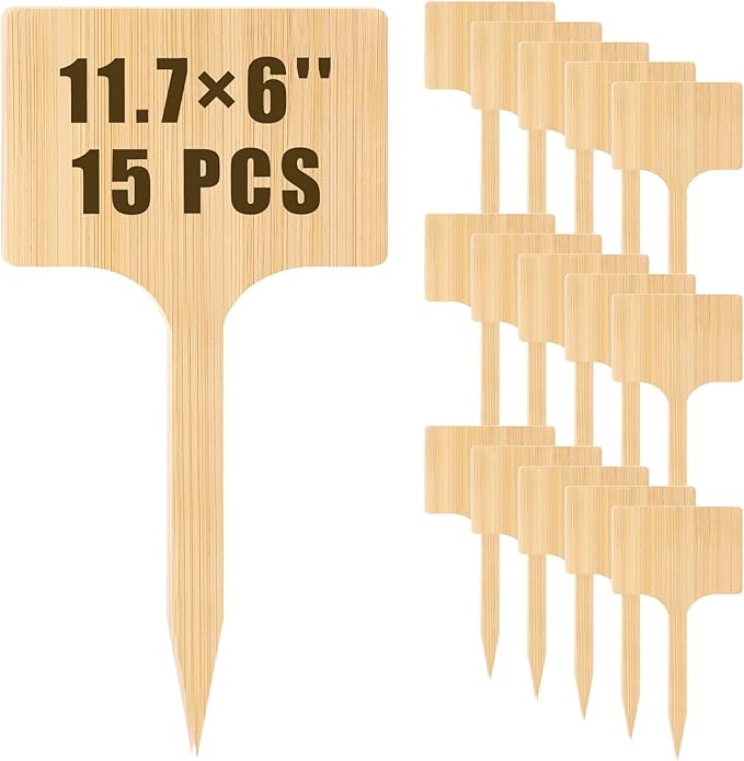 Hicarer 15 Pcs 11.74" x 6" Extra Large Bamboo Garden Markers, Natural Wood T-Type Large Tall Plant Labels for Herbs, Flowers & Vegetables – Easy to Read Full-Size Tags for Garden Outdoor