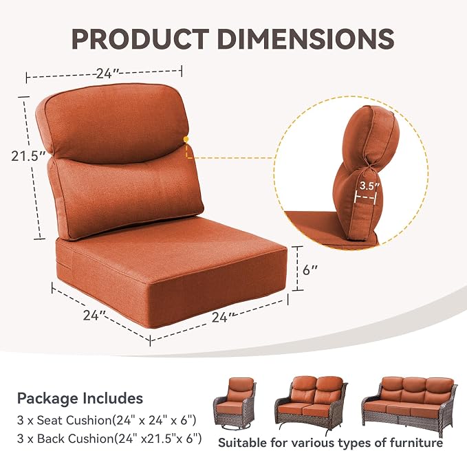 Outdoor Cushion Set for Patio Furniture, UV Resistant, Water Resistant - 6 Inch Thick Dual Layer Back Support Cushions– 24x24 Inch Patio Seat Covers for Chair/Sofa/Couch | Orange | 3-Pack |