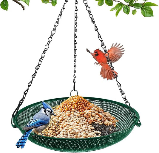 Hanging Platform Bird Feeder, 12 in, Green | Metal Mesh Seed Tray, For Wild Birds, Outdoor Use