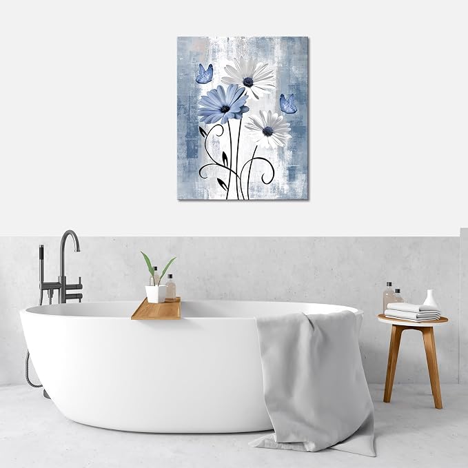 MYUSRE Farmhouse Blue Floral Wall Art for Living Room, Blue and White Daisy Butterfly on Abstract Geometric Canvas Wall Art Country Flower Pictures for Bedroom Bathroom Home Decor,10L X 8W inches