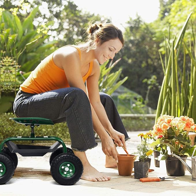 IRONMAX Garden Cart with Seat, Gardening Rolling Stool Scooter with 10’’ All-Terrain Wheels, Adjustable Steering Handle, Tool Tray and Basket, Outdoor Work Seat for Planting (Green)