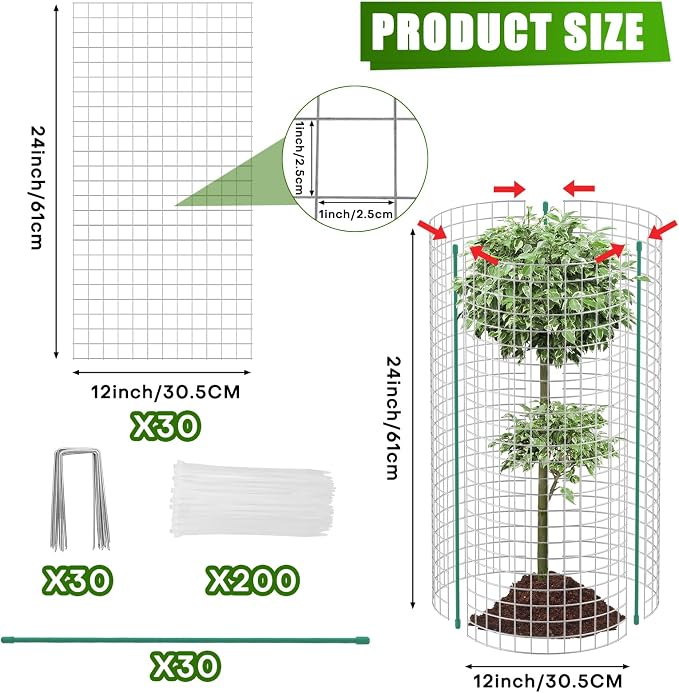 10-Set 12” x 24” Plant Protector from Animals, Hot-Dip Galvanized Metal Mesh Plant Cages, Dual-Secure with U-Stakes & Supports, Animal Barrier to Keep Rabbits & Chickens Out of the Graden