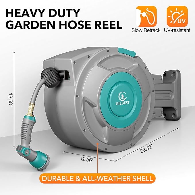 1/2" x 130 ft Retractable Garden Hose Reel, Heavy Duty Water Hose Reel Wall Mounted, Any Length Lock, 180°Swivel, Water Hose with 10-Function Nozzle for Cleaning, Watering (Green)