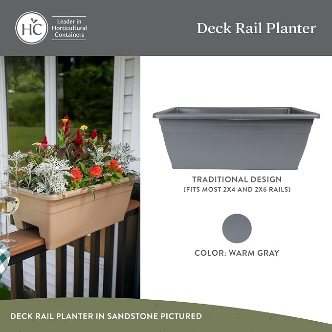 The HC Companies 24 Inch Deck Rail Planter Box with Drainage Plug, Lightweight UV-Resistant Plastic Outdoor Planters for Wood Deck Rail, Flower Box for Garden, Patio, Balcony, and Fence, Warm Gray