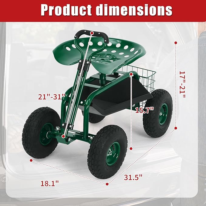 Rolling Garden Work Seat with Wheels, 400lbs Heavy Duty Garden Cart, 360° Swivel Adjustable Height Rolling Stool, Extendable Handle, Storage Basket & Tray for Gardening, Lawn Care, Adults & Seniors