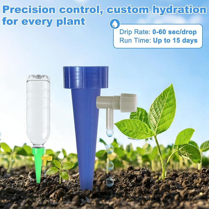M METERXITY 8-Pack Self Watering Spikes for Plants, 4.3 Inch Plastic Plant Watering Devices with 8 Regulator for Indoor/Outdoor Pots, Garden Water Planter System [Dark Blue/Green]