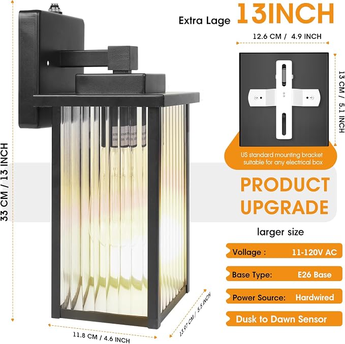 13 Inch Matte Black Outdoor Wall Light, Dusk to Dawn Waterproof Exterior Light Fixture for Porch, Front Door or Garage