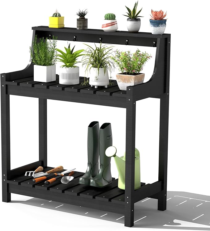Garden Potting Bench for Outside, HDPE Outdoor Potting Table with Storage Shelves & Tool Hooks, All Weather Planting Workstation for Patio Backyard Garden (Black)