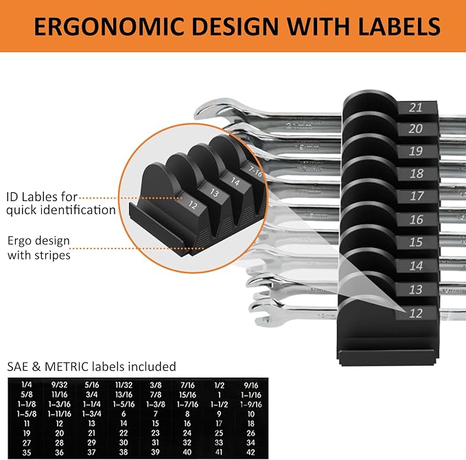 52 pcs Modular Wrench Organizers for Tool Drawers - Wrench Rack with Metric&SAE Labels, Perfect Tool Storage Holder. Gift for Father and Boyfriend (Black)