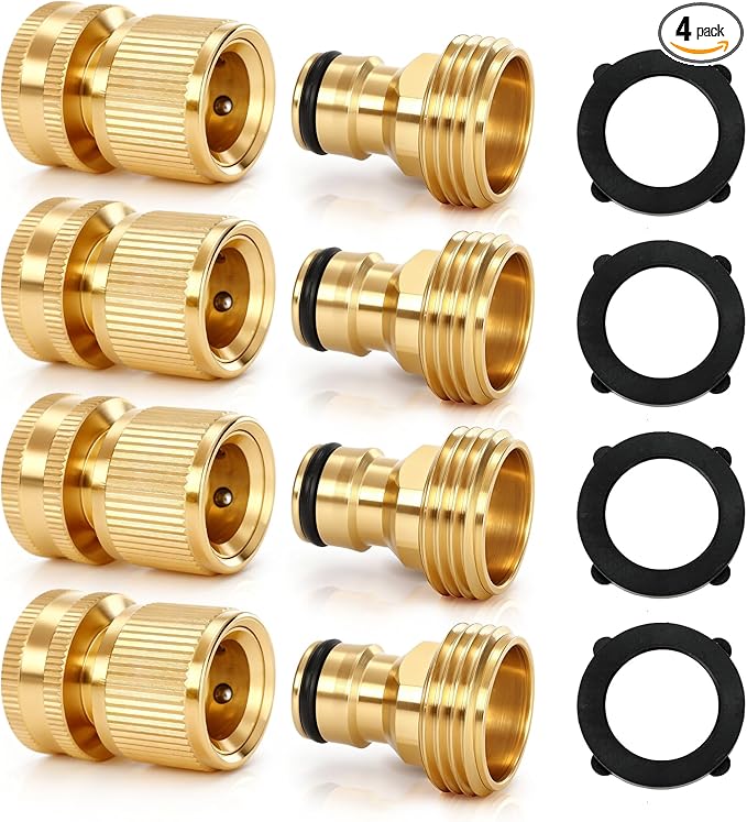 Garden Hose Quick Connect, Solid Brass 3/4 Inch GHT Hose Connector No-Leak, Heavy Duty Male & Female Quick Connect Hose Fittings, Easy Connect for Garden Hose & Pressure Washer (4Sets)