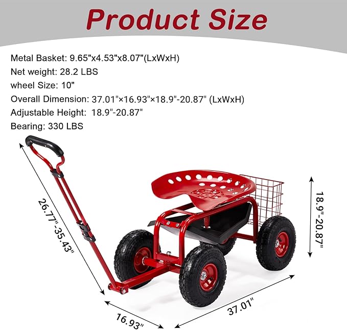 Outvita Garden Cart Rolling Workseat with Wheels, Gardening Stool with Adjustable 360 Degree Swivel Seat, Extendable Handle, Tool Tray & Storage Basket, Gardening Scooter for Yard, Planting, Red