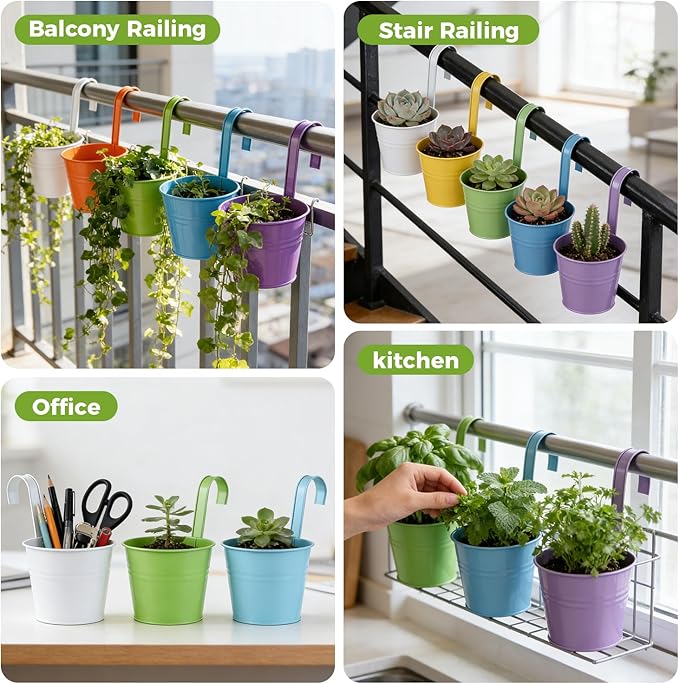 12 Pack Balcony Planters Railing Hanging, Colorful Railing Planter 5.2 Inches Plant Pots with Drainage Holes Hanging Plant Holder Indoor Hanging Planters