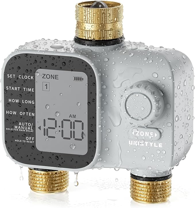 [2026 Upgrade] 2 Zone Sprinkler Timer with Brass Inlets & Outlets, Unistyle Programmable Water Timer for Garden Hose, IP55 Waterproof Hose Timers with Manual Irrigation Timers for Yard and Lawn Patio