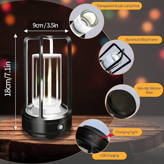 Set of 2 Cordless Table Lamps, LED Rechargeable Table Lamp with 3 Color Stepless Dimmable, Indoor/ Outdoor Table lamp for Patio/ Camping/ Bar/ Coffee/ Restaurant/ Home (Black 2 Pcs)