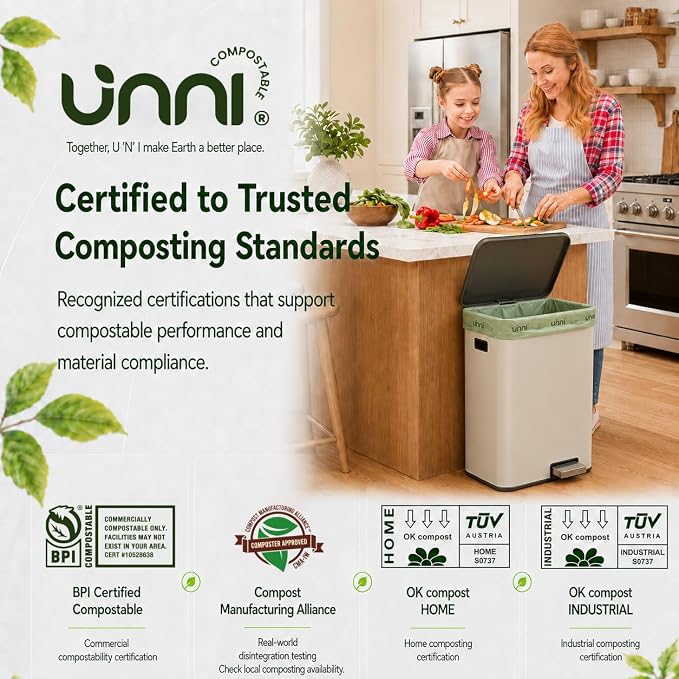 UNNI Compostable Trash Bags, 13 Gallon / 49.2 Liter, 100 Count, Extra Thick 0.9 Mil Tall Kitchen Food Scrap Bin Liners, Certified by BPI, CMA & OK compost HOME, Meets the ASTM D6400 Standard