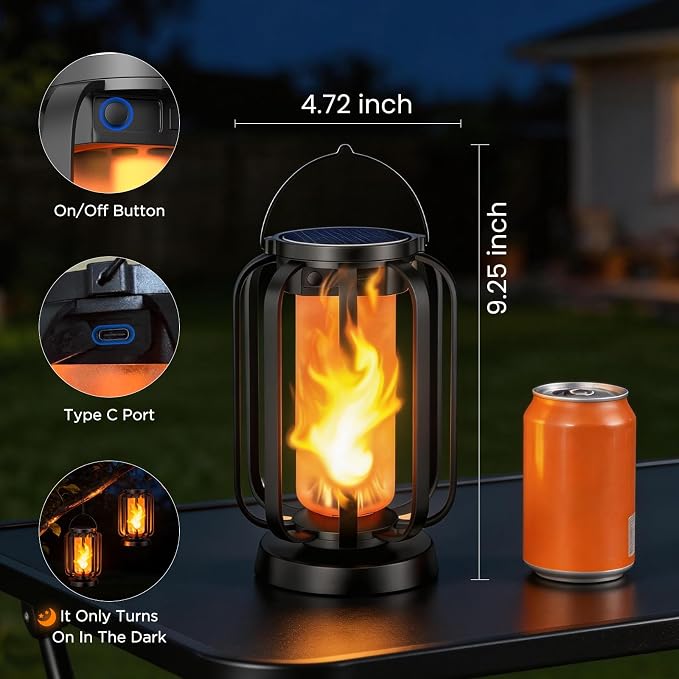 Hompavo Gen2 Solar Lanterns Outdoor Lights with Ultra-Real Flame, 2 Charging (USB/Solar) & 4 Modes - Waterproof Decorative Hanging/Table Lights for Pathway Yard Patio Garden Decor Gifts for Women, 4