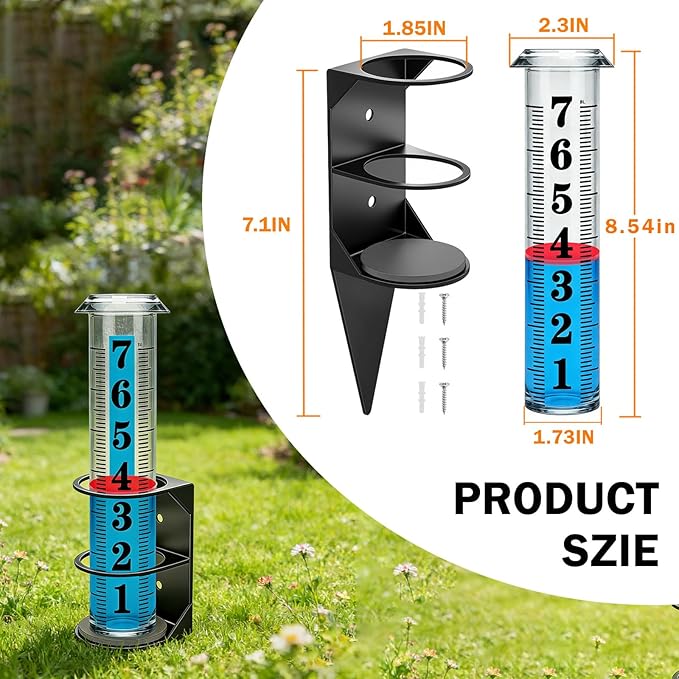 YZDTECH Rain Gauge Outdoor, 7" Easy to Read Rain Measure Gauge with Red Float, Rain Gauges Outdoors Best Rated with Metal Rack Holder, Large Freeze Proof Plastic Replacement Tube for Yard Garden