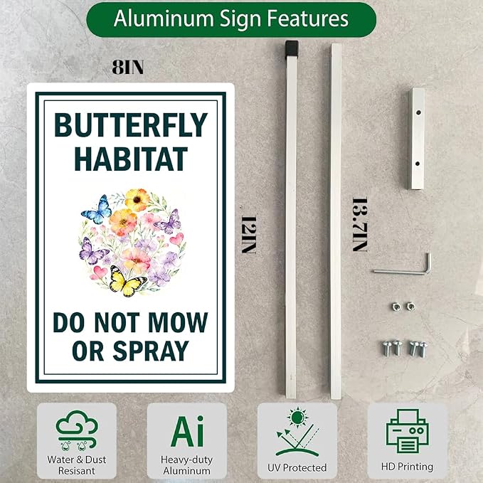 Butterfly Habitat Yard Sign With Stakes Do Not Mow Do Not Spray Signs No Mow May Wildflower Pollinator Friendly Habitat Reflective Rustproof Aluminium Garden Stake Outdoor 8X12 IN