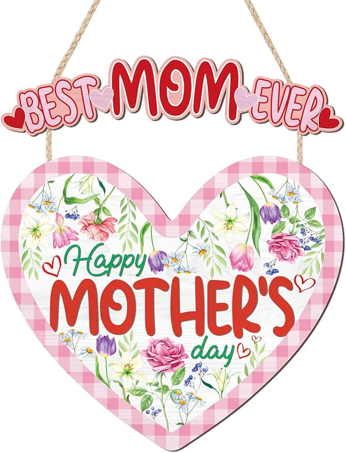 HOURIA Happy Mother's Day Wooden Sign(11.4”x12.5”),Vintage Best Mom Ever Wall Decor,Pink Flower Heart Shaped Door Hanger for Mom Grandma Woman