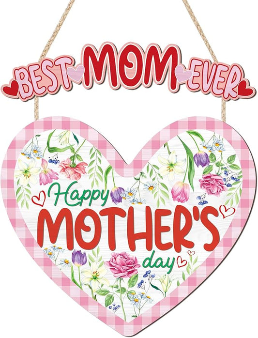 HOURIA Happy Mother's Day Wooden Sign(11.4”x12.5”),Vintage Best Mom Ever Wall Decor,Pink Flower Heart Shaped Door Hanger for Mom Grandma Woman