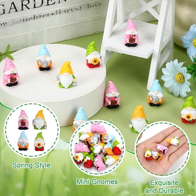 20Pcs Spring Mini Gnomes,Tiny Miniature Resin Spring Gnomes for Fairy Garden Accessories Landscape Outdoor Patio Yard Lawn and Aquarium Decorations for Home Dollhouse Desk