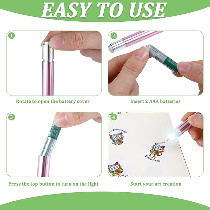 Therwen 2 Pcs LED Weeding Tools for Vinyl with Light Pin Hook Lighted Weeding Pen for Removing Iron on Tiny Vinyl Paper Silhouette Cutting Machines Supply(Pink, Green)