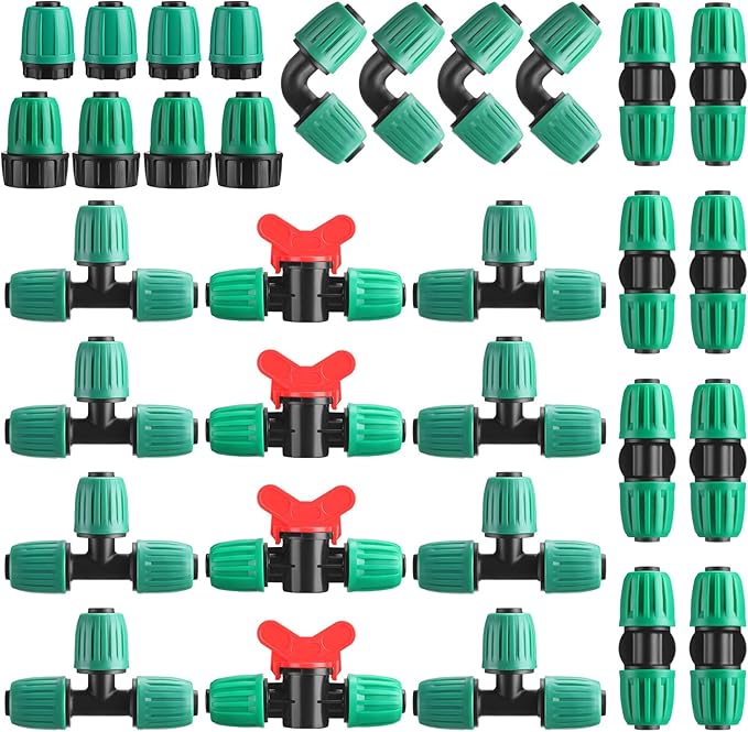 Pushglossy 32 Pcs 1/2" Tubing Irrigation Fittings Kit 1/2" ID x 0.6-0.63" OD 16 mm Drip Irrigation Barbed Connectors 4 Switch Valves, 8 Tees, 8 Couplings, 4 Elbows, 4 Ends, 4 Adapters (Green)