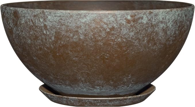 Classic Home and Garden by Growscape Rosie Modern Planter w/Drainage - Contemporary Planter Bowls - Shallow Round Vases for Small Plants - Versatile Indoor & Outdoor Pots (10” Weathered Copper)
