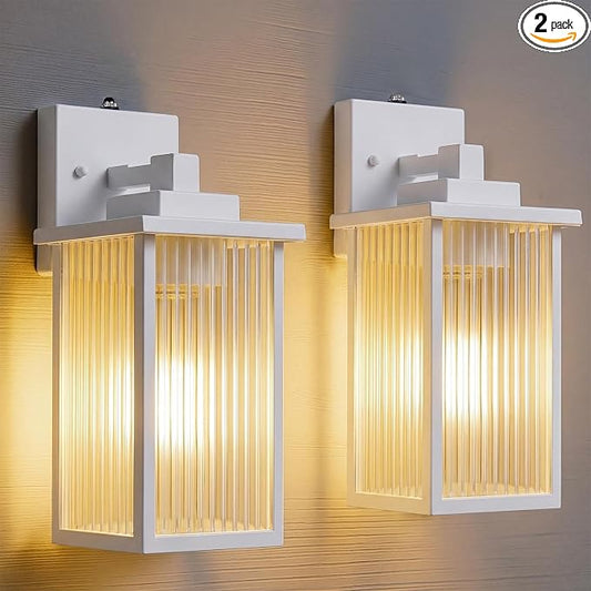 2 Pack of 13 Inch White Outdoor Wall Lights, Dusk to Dawn Exterior Light Fixture, IP65 Waterproof Rust-Resistant Durable Metal & Textured Glass Sconce for Porch Garage Entryway