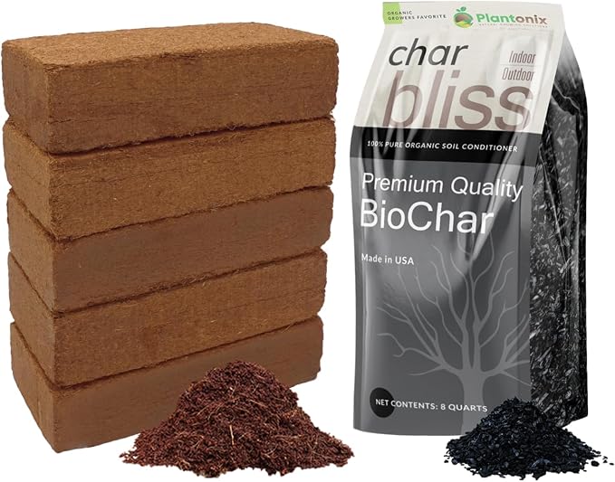 Coco Coir 650gm Bricks (5-Pack) + Char Bliss (8 Qts) - Organic Coco Coir Bricks & Biochar for Plants - Coconut Coir for Plants - Biochar Soil Amendment - Charcoal for Plants - Garden Soil Potting Mix