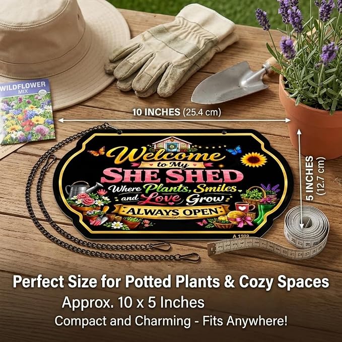 Welcome to My She Shed Sign, Garden Sign 10 x 5 Inch Metal Aluminum Sign with Chain, Decorative Garden Sign for Outdoor Garden Decor for Outside, Gardening Gifts for Women