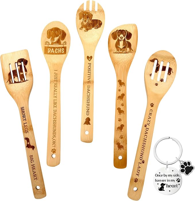 5Pcs Unique Dachshund Print Bamboo Spoon for Cooking - Wooden Spoons with Keychain Dachshund Decor Kitchen Utensils Gifts for Women Mom Couple Wife Hostesses House Warming