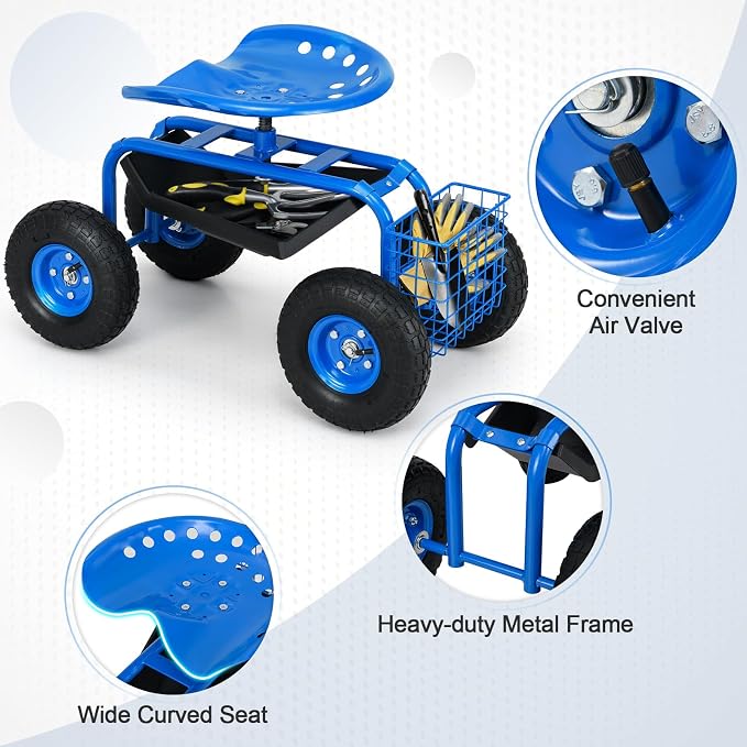 Giantex Rolling Garden Work Seat, 360 Swivel Gardening Workseat with Wheels, Tool Basket, Adjustable Height, Outdoor Scooter for Sitting, Gardening Stool Chair for Planting Trimming, Blue