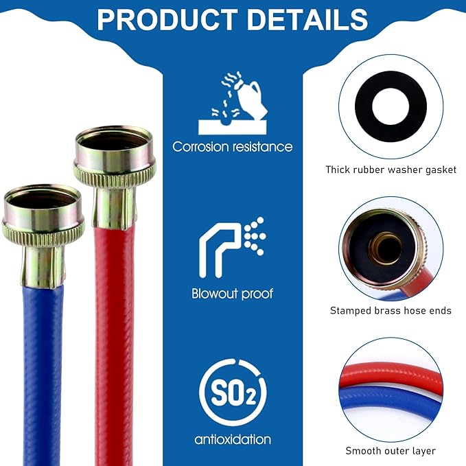 6FT Washer Water Line/Rubber Washing Machine Hoses 6FT,Universal Washing Machine Hose/Washer Water Line for Hot and Cold(2 Packs) with 3/4" Connection Water Supply Lines-by MIFLUS 10 YEARS WARRANTY