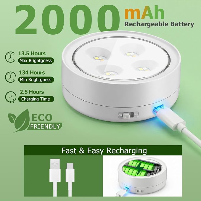 2 Pack Rechargeable Battery Grow Light, Full Spectrum Indoor Cordless Plant Light with Timer & Remote, Stepless Dimming,Type-C Charging 2000mAh,Wireless Magnetic Puck Plant Lights for Indoor Growing