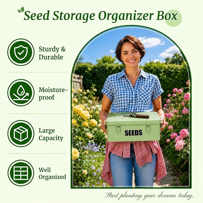 Seed Saving Box with 4 Compartments, Large Metal Seed Organizer Packet Container with Lid & Safety Locks, Garden Seed Storage Bin for Seeds with 50 Plant Labels, 20 Envelopes