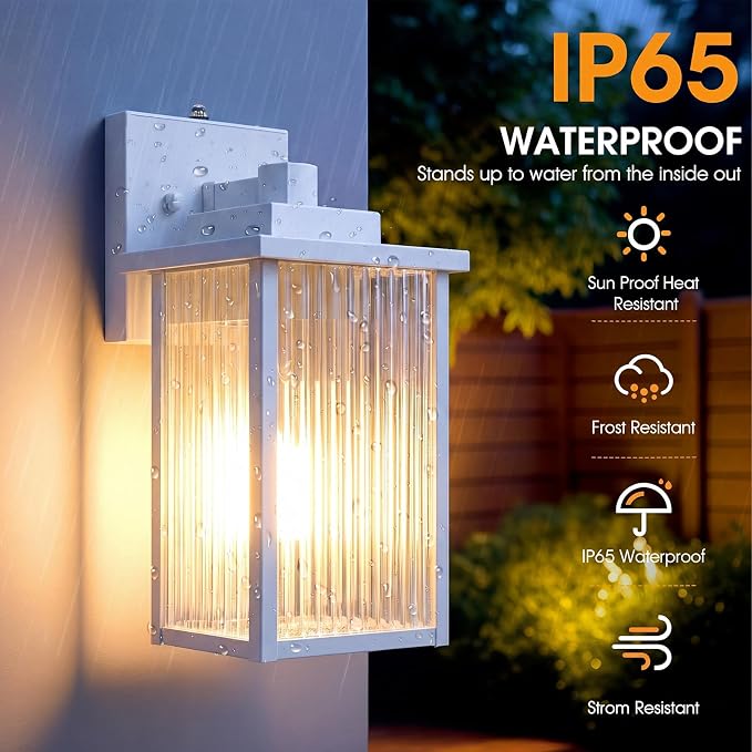 13-Inch White Outdoor Wall Light, Dusk to Dawn Exterior Light Fixture, IP65 Waterproof Rust-Resistant Durable Metal & Textured Glass Sconce for Porch Garage Entryway