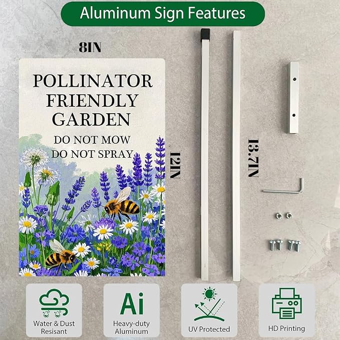 Pollinator Friendly Garden Do Not Mow Do Not Spray Yard Sign With Stakes No Mow Zone Bee Habitat Garden Stake Reflective Rustproof Aluminium No Mow May Signs Outdoor 8X12 IN