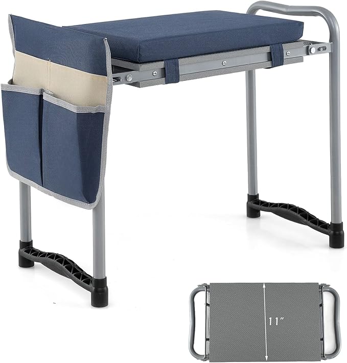 Goplus Foldable Garden Kneeler and Seat, 11" Wide 2-in-1 Gardening Bench, Detachable Thick EVA Foam Pad, 350 lbs Heavy-Duty Metal Frame, Tool Pouch, Portable Stool, Gardening Kit for Seniors (Blue)