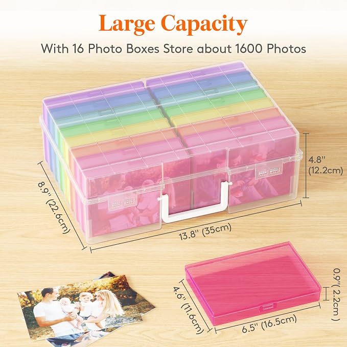 Lifewit 16 Pcs Photo Storage Box, Photo Albums 4x6 Pictures, Acid-Free Stackable Case with Labels, Trading Card Container for Sticker, Seed, Scrapbooking, Diamond Art, Classroom Supplies, Multicolor