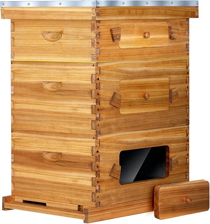 BeeCastle 10-Frame Langstroth Beehive with Windows, Beeswaxed Coated Bee Hive for Beginners with Beehive Frames and Waxed Foundations (2 Deep Bee Boxes & 1 Medium Super Bee Box)