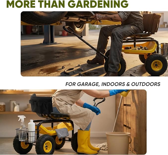 Sekey Garden Cart Rolling Workseat with Backsupport & 360° Swivel Seat, Heavy Duty Garden Scooter with Adjustable Height, Tool Tray, All-Terrain Wheels, 440 lbs Capacity for Seniors & Gardeners