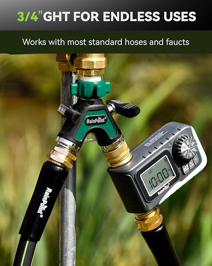 RAINPOINT Garden Hose Splitter 2 Way, All Metal Heavy Duty Water Hose Y Splitter With 2.05" Extra Long Side Handle & Shut Off Valves, 3/4 Inch GHT Thread Connector For Spigot Faucet (Dark Green,2)