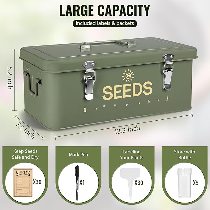 Metal Seed Storage Box with Safety Locks, Large 4-Compartment Seed Organizer Kit with 30 Envelopes, 30 Plant Labels & 5 Plastic Bottles1 Mark Pen, Lockable Seed Saving Bin for Gardeners