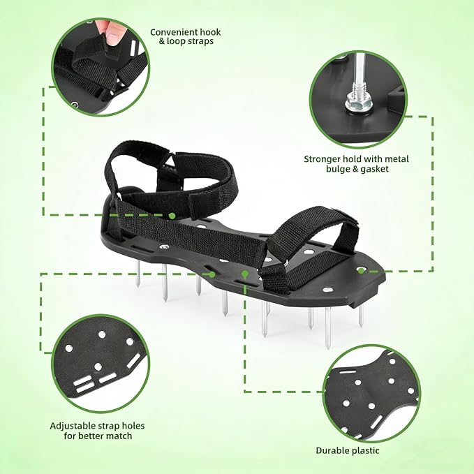 Lawn Aerator Shoes with Hook & Loop Straps, Heavy Duty Spiked Aerating Sandals, One Size Fits All Aerator Tool for Aerating Patio Garden, Black (Black)