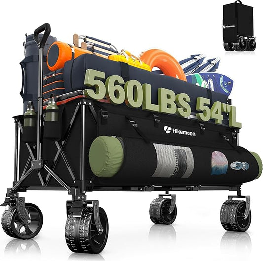 Hikemoon 54" Long Collapsible Wagon 400L Extra Large, Wagons Carts Foldable with Big All-Terrain Wheels, 560LBS Heavy Duty, Utility Folding Cart for Beach, Camping, Grocery, Sports, Garden, Black
